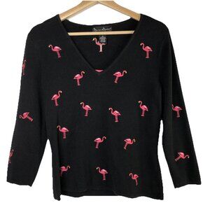 Mercer And Madison Women Black Sweater Top Size M Flamingo Embroidered Tropical